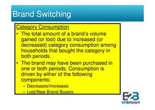 Brand Switching
Category Consumption
• The total amount of a brand’s volume
  gained (or lost) due to increased (or
  decreased) category consumption among
  households that bought the category in
  both periods.
• The brand may have been purchased in
  one or both periods. Consumption is
  driven by either of the following
  components:
  – Decreases/Increases
  – Lost/New Brand Buyers
 