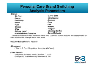 Personal Care Brand Switching
                   Analysis Parameters
•Brands
     -St. Ives                                       -*Lever 2000
     -Suave                                          -*Neutrogena
     -Soft-soap                                      -Jergens
     -Dove                                           -Tone
     -*Dial                                          -Zest
     -Caress                                         -Aveeno
     -Olay                                           -*Calgon
     -Private Label                                  -*Healing Garden
     -Clairol Herbal Essences                        -Sarah Michaels
* Denotes brands that will have interaction indices only. Quantified sources of volume will not be provided for
these brands due to coverage and/or trend issues.

•Volume Equivalency = 1 ounce

•Geography
    - Total U.S. Food/Drug/Mass (including Wal*Mart)

•Time Periods
     -(Pre-period) 52 Weeks ending December 17, 2000
     -(Post-period) 52 Weeks ending December 16, 2001
 