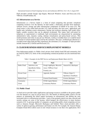 International Journal on Cloud Computing: Services and Architecture (IJCCSA), Vol. 5, No. 4, August 2015
24
PaaS providers include Google App Engine, Microsoft Windows Azure and Force.com [12],
VMware, CloudFoundary [6].
4.3. Infrastructure as a Service
Infrastructure as a Service (IaaS) is a form of cloud computing that provides virtualized
computing resources over the Internet. In IaaS model, a third-party provider hosts hardware,
software servers, storage and other infrastructure components on behalf of its users [11]. The
cloud owner is also called IaaS provider [12]. IaaS providers also host users’ applications and
handle tasks including system maintenance, backup and resilience planning. IaaS model offers
highly scalable resources that can be adjusted on-demand. This makes IaaS well-suited for
temporary or experimental or workloads. IaaS environments are characterized by automating
administrative tasks, dynamic scaling, desktop virtualization and policy-based services. This
model promotes and works on pay per use @hourly, weekly or monthly basis or it could be based
on amount of virtual machine space used by the customers. The users’ workload gets affected as a
cascaded result when IaaS provider experiences the downtime [11]. Examples of IaaS providers
include Amazon EC2, GoGrid and Flexiscale [12].
5. CLOUD BUSINESS SERVICE DEPLOYMENT MODELS
Four deployment models viz. Public cloud, private cloud, hybrid cloud [50] and community clod
are listed by NIST [15]. Some of the corresponding commercial products are also mentioned here
[51].
Table 1. Examples for the NIST Service and Deployment Models Matrix [6] [51]
5.1. Public Cloud
A cloud service provider makes applications and storage resources available to the generic public
over the Internet on a pay-as-you-go basis [15]. The benefit of offering public cloud is for the
purpose of eliminating the initial capital investment on infrastructure and shifting the risks
associated with it to infrastructure providers. Lack of fine-grained control over data, network and
security settings are some of the lacunas, which hampers the effectiveness in many business
scenarios [12]. A growing number of companies are providing public cloud computing services
such as Amazon, Google, Microsoft, Rackspace and GoGrid. These cloud providers offer a
variety of option in pricing, performance and feature set [16]. For example, the Amazon Elastic
Compute Cloud (EC2) allows users to rent virtual resources to run their own applications. EC2
SaaS PaaS Iaas
Public Cloud Salesforce.com,
QuickBooks Online,
Office 365
Google AppEngine, Microsfot
Azure, VMWare Cloud
Foundry.com
Amazon Ec2, Rackspace
Private Cloud Apprenda, Stackato VMware, Hyper-V,
OpenStack, CloudStack
Hybrid Cloud Custom Cloud Foundry Custom, Rackspace
Community
Cloud
NYSE Capital Markets
Community Platform
NYSE Capital Markets
Community Platform
 
