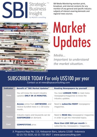 SBI Media Monitoring monitors print,
                                                   broadcast, and internet contents for any
                                                   mention of any general and specific Industry
                                                   subjects of interest covering domestic and
                                                   regional news sources.




                                                   Market
                                                   Updates
                                                   Media...
                                                   Important to understand
                                                   the market situation.



   SUBSCRIBER TODAY For only US$100 per year
                        Contact us at news@qasaconsulting.com

Indicator    Benefit of “SBI Market Updates”       Reading Newspapers by yourself

             You will know the recent industry      You need LONGER TIME to read many
  Time       updates ONLY IN 15 MINUTES.            newspapers/magazines to know the
                                                    industry updates.


             Access online from ANYWHERE, and       Need to subscribe MANY newspapers/
  How        receive bundled news in 1 CD every     magazines.
             month.
                                                                               3
             Industry topics and keywords can be    Need to READ ALL newspapers/ magazines
  Topics
             CUSTOMIZED on demand.                  in order to get the interested topics.


                                                    More than USD 500 per month to
  Cost       COMPETITIVE price.
                                                    subscribe ALL newspapers / magazines.


         Jl. Prapanca Raya No. 113, Kebayoran Baru, Jakarta 12160 - Indonesia
              62-21-721 0225, 62-21-725 0927 | www.qasaconsulting.com
 