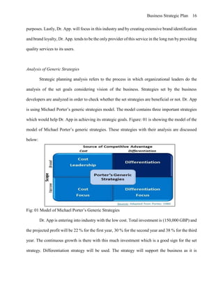 Business Strategic Plan 16
purposes. Lastly, Dr. App. will focus in this industry and by creating extensive brand identification
and brand loyalty, Dr. App. tends to be the only provider of this service in the long run by providing
quality services to its users.
Analysis of Generic Strategies
Strategic planning analysis refers to the process in which organizational leaders do the
analysis of the set goals considering vision of the business. Strategies set by the business
developers are analyzed in order to check whether the set strategies are beneficial or not. Dr. App
is using Michael Porter’s generic strategies model. The model contains three important strategies
which would help Dr. App in achieving its strategic goals. Figure: 01 is showing the model of the
model of Michael Porter’s generic strategies. These strategies with their analysis are discussed
below:
Fig: 01 Model of Michael Porter’s Generic Strategies
Dr. App is entering into industry with the low cost. Total investment is (150,000 GBP) and
the projected profit will be 22 % for the first year, 30 % for the second year and 38 % for the third
year. The continuous growth is there with this much investment which is a good sign for the set
strategy. Differentiation strategy will be used. The strategy will support the business as it is
 