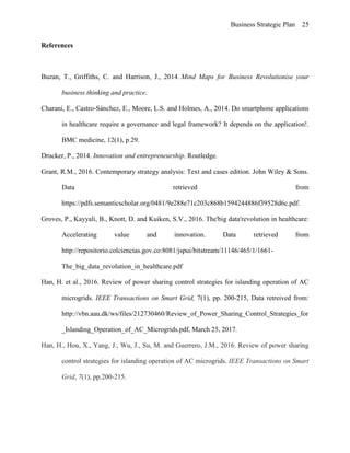 Business Strategic Plan 25
References
Buzan, T., Griffiths, C. and Harrison, J., 2014. Mind Maps for Business Revolutionise your
business thinking and practice.
Charani, E., Castro-Sánchez, E., Moore, L.S. and Holmes, A., 2014. Do smartphone applications
in healthcare require a governance and legal framework? It depends on the application!.
BMC medicine, 12(1), p.29.
Drucker, P., 2014. Innovation and entrepreneurship. Routledge.
Grant, R.M., 2016. Contemporary strategy analysis: Text and cases edition. John Wiley & Sons.
Data retrieved from
https://pdfs.semanticscholar.org/0481/9e288e71c203c868b1594244886f39528d6c.pdf.
Groves, P., Kayyali, B., Knott, D. and Kuiken, S.V., 2016. The'big data'revolution in healthcare:
Accelerating value and innovation. Data retrieved from
http://repositorio.colciencias.gov.co:8081/jspui/bitstream/11146/465/1/1661-
The_big_data_revolution_in_healthcare.pdf
Han, H. et al., 2016. Review of power sharing control strategies for islanding operation of AC
microgrids. IEEE Transactions on Smart Grid, 7(1), pp. 200-215, Data retreived from:
http://vbn.aau.dk/ws/files/212730460/Review_of_Power_Sharing_Control_Strategies_for
_Islanding_Operation_of_AC_Microgrids.pdf, March 25, 2017.
Han, H., Hou, X., Yang, J., Wu, J., Su, M. and Guerrero, J.M., 2016. Review of power sharing
control strategies for islanding operation of AC microgrids. IEEE Transactions on Smart
Grid, 7(1), pp.200-215.
 