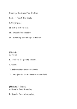 Strategic Business Plan Outline
Part I – Feasibility Study
I. Cover page
II. Table of Contents
III. Executive Summary
IV. Summary of Strategic Direction
[Module 1]
a. Vision
b. Mission/ Corporate Values
c. Goals
V. Stakeholders Interest/ Needs
VI. Analysis of the External Environment
[Module 2- Part 1]
a. Results from Scanning
b. Results from Monitoring
 