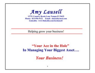 Amy Lausell
12751 Country Brook Lane Tampa Fl 33625
Phone: 813-956-5122 Email: alausell@msn.com
LinkedIn: www/linkedin.com/in/alausell
Helping grow your business!
“Your Ace in the Hole”
In Managing Your Biggest Asset….
Your Business!
1
 