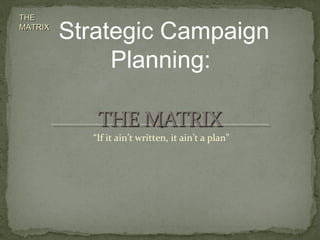 THETHE
MATRIXMATRIX
“If it ain’t written, it ain’t a plan”
Strategic Campaign
Planning:
 