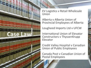 Case	
  Law	
  
EV	
  LogisAcs	
  v	
  Retail	
  Wholesale	
  
Union	
  
Alberta	
  v	
  Alberta	
  Union	
  of	
  
Provincial	
  Employees	
  of	
  Alberta	
  
Lougheed	
  Imports	
  Ltd	
  v	
  UFCW	
  	
  
InternaAonal	
  Union	
  of	
  Elevator	
  
Constructors	
  v	
  ThyssenKrupp	
  
Elevator	
  
Credit	
  Valley	
  Hospital	
  v	
  Canadian	
  
Union	
  of	
  Public	
  Employees	
  
Canada	
  Post	
  v	
  Canadian	
  Union	
  of	
  
Postal	
  Employees	
  
3
32	

Photo credit: http://www.ﬂickr.com/photos/j3net/	

 