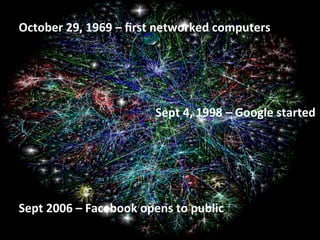 October	
  29,	
  1969	
  –	
  ﬁrst	
  networked	
  computers	
  
Sept	
  4,	
  1998	
  –	
  Google	
  started	
  
Sept	
  2006	
  –	
  Facebook	
  opens	
  to	
  public	
  
 