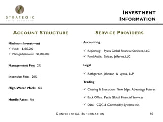 I NVESTMENT
                                                                                      I NFORMATION

  ACCOUNT S TRUCTURE                                                S ERVICE P ROVIDERS

Minimum Investment                                      Accounting

  Fund:   $250,000
                                                            Reporting:     Pyxis Global Financial Services, LLC
  Managed Account: $1,000,000
                                                            Fund Audit: Spicer, Jefferies, LLC

Management Fee: 2%                                      Legal

                                                            Rothgerber, Johnson & Lyons, LLP
Incentive Fee: 20%
                                                        Trading
High-Water Mark: Yes                                        Clearing & Execution: New Edge, Advantage Futures

                                                            Back Office: Pyxis Global Financial Services
Hurdle Rate: No
                                                            Data: CQG & Commodity Systems Inc.

                                C O N F I D E N T I A L I N F O R M AT I O N                                  10
 