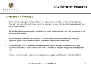 I NVESTMENT P ROCESS


INVESTMENT PROCESS
  Core markets are selected as the most liquid and representative members of the major asset sectors.
  Secondary markets within each sector provide an alternative to core markets when relative strength may
  warrant their inclusion.

  Technical and fundamental inputs are combined into tested models which are the chief components in our
  decision making process.

  Technical models determine entry and exit. We do not believe in contradicting trends. Volatility
  algorithms may cut position size and tighten stops when market conditions warrant.

  Fundamentals are used to determine whether a sector’s outlook is bullish, bearish or neutral. The
  outcomes are combined with our technical models to affect trade initiation, stop placement and position
  sizes.

  Manager discretion may be used to decrease positions during periods of extreme market conditions.



                              C O N F I D E N T I A L I N F O R M AT I O N                              13
 
