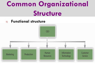 Common Organizational
Structure
1)

Functional structure

 
