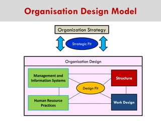 Organisation Design Model
Organization Strategy
Strategic Fit

Organisation Design
Management and
Information Systems

Structure
Design Fit

Human Resource
Practices

Work Design

 