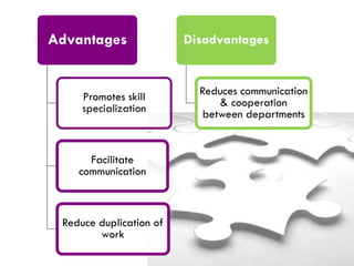 Advantages

Promotes skill
specialization

Facilitate
communication

Reduce duplication of
work

Disadvantages

Reduces communication
& cooperation
between departments

 