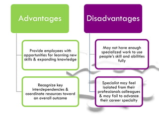 Advantages

Provide employees with
opportunities for learning new
skills & expanding knowledge

Recognize key
interdependencies &
coordinate resources toward
an overall outcome

Disadvantages
May not have enough
specialized work to use
people‟s skill and abilities
fully

Specialist may feel
isolated from their
professionals colleagues
& may fail to advance
their career specialty

 