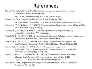 References
Burns, T. & Stalker, G. M. (2009). Mechanistic vs. organic organisational structure:
Contingency theory. Retrieved from:
http://www.businessmate.org/Article.php?ArtikelId=44
Camson, B. (2010). Actualizing The Network Within. Retrieved from:
http://www.barrycamson.com/2010/11/actualizing-the-network-within.html#more
Cummings, T. G., & Worley, C. G. (2009). Organization development and change (9th ed.). Ohio:
South-Western Cengage Learning.
Dunphy, D., Griffiths, A., & Benn, S., (2007). Organisational change for corporate
sustainability. New York, NY: Routledge.
French, W. L., Bell, C. H. (1999). Organizational development: Behavioral science intervention
improvement. United States, New Jersey: Prentice Hall.
French, W. L., Bell, C. H., & Zawacki, R. A. (2000). Organizational development and
transformation : Managing effective change (5th ed.). Boston: McGraw-Hill.
Galpin, T. J., & Herndon, M. (2007). The complete guide to mergers and
acquisitions: Process tools to support M&A integration at every level. San
Francisco, CA: John Wiley & Sons, Inc.
Hamel, G., Doz, Y. L., & Prahalad, C. K. (2002). Harvard business review on strategic
alliances. In Collaborate with your competitors and win (pp. 1–22).
Boston, MA: Harvard Business School Publishing Corp.
IsoraIte, M. (2009). Importance of strategic alliances in company’s activity. Intellectual
Economics, 1(5), 39–46.

 