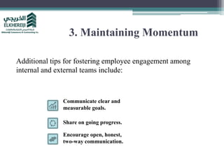 3. Maintaining Momentum
Additional tips for fostering employee engagement among
internal and external teams include:
Commu...