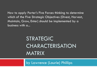 How to apply Porter’s Five Forces thinking to determine
which of the Five Strategic Objectives (Divest, Harvest,
Maintain, Grow, Enter) should be implemented by a
business with a...



             STRATEGIC
             CHARACTERISATION
             MATRIX
             by Lawrence (Laurie) Phillips
 