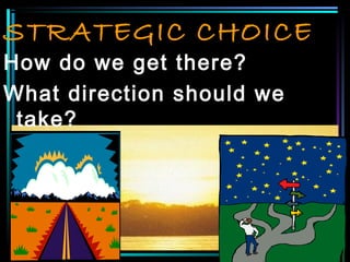 STRATEGIC CHOICE
How do we get there?
What direction should we
take?
 