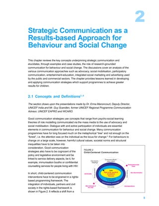 2
Strategic Communication as a
Results-based Approach for
Behaviour and Social Change
This chapter reviews the key concepts underpinning strategic communication and
elucidates, through examples and case studies, the role of research-grounded
communication for behaviour and social change. The discussions cover an analysis of the
various communication approaches such as advocacy, social mobilisation, participatory
communication, entertainment-education, integrated social marketing and advertising used
by the public and commercial sectors. The chapter provides lessons learned in developing
and applying communication strategies which support programmes to achieve greater
results for children.



2.1 Concepts and Definitions3 ,4
The section draws upon the presentations made by Dr. Erma Manoncourt, Deputy Director,
UNICEF India and Mr. Guy Scandlen, former UNICEF Regional Programme Communication
Advisor, UNICEF EAPRO and WCARO.

Good communication strategies use concepts that range from psycho-social learning
theories of role modelling communicated via the mass media to the use of advocacy and
social mobilisation. Dialogue with and active participation of individuals are essential
elements in communication for behaviour and social change. Many communication
programmes have for long focused much on the metaphorical “tree” and not enough on the
“forest”, i.e. the attention was on the individual as the locus for change.5 For behaviours to
change on a large scale, however, harmful cultural values, societal norms and structural
inequalities have to be taken into
consideration. Good communication
                                                      FIGURE 2:
strategies also have to be cognizant of the           Child-Centered Communication
policy and legislative environment and be
linked to service delivery aspects, be it, for                             Government officials /
                                                             Duty bearers:    policy makers
example, immunisation booths or confidential                  obligations
                                                                                                  Participation/child
counselling services for people living with HIV.                                                         views
                                                                          Service providers




                                                                                                          Child
                                                                                                                                                  Private sector




                                                                                                 Right to life, survival &                                         Non-discrimination
In short, child-centered communication                     Universality                              development
                                                                                                       Titleholder
interventions have to be engrained in a rights-
                                                                                                          Families: parents
based programming framework. The                                                              S oc
                                                                                                             & caregivers
                                                                                                     ia l n e t                        ti e s
                                                                                                                w o rk s, co m m u n i
integration of individuals, partners and civil
                                                             Best interests of                                                                  Interdependence
                                                                the child                                    Civil society
society in the rights-based framework is
shown in Figure 2. It reflects a shift from a

                                                                                                                                                                                        5
 