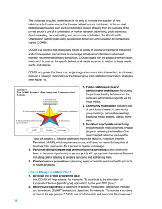 The challenge for public health issues is not only to motivate the adoption of new
              behaviours but to also ensure that the new behaviours are maintained. In this context,
              traditional approaches such as IEC had limited impact. Drawing from the success of the
              private sector’s use of a combination of market research, advertising, public advocacy,
              direct marketing, personal selling, and community mobilisation, the World Health
              Organisation (WHO) began using an approach known as Communication-for-Behavioural-
              Impact (COMBI).

              COMBI is a process that strategically blends a variety of societal and personal influences
              and communication interventions to encourage individuals and families to adopt and
              maintain recommended healthy behaviours. COMBI begins with the people and their health
              needs and focuses on the specific behavioural results expected in relation to these needs,
              wants, and desires.

              COMBI recognises that there is no single magical communication intervention, and instead
              relies on a strategic combination of the following five inter-related communication strategies
              (refer figure 11).

                                                                                   1. Public relations/advocacy/
  FIGURE 11:                                                                          administrative mobilisation for putting
  The COMBI Process: Five Integrated Communication
  Actions                                                                             the particular healthy behaviour on the
                                                                                      public and administrative agenda via the
                                     1. Administrative
                                     mobilization/ public                             mass media.
                                     relations/advocacy
                                                                                   2. Community mobilisation including use
                                                                                      of participatory research, community
         5. Point-of-service- promotion                  2. Community mobilization
                                                                                      group meetings, partnership meetings,
                                                                                      traditional media, posters, videos, home
 4. Personal selling/ interpersonal                        3. Advertising             visits.
 communication
                                                                                   3. Sustained appropriate advertising
                                                                                      through multiple media channels, engage
                       M-RIP             Six hits         Not cheap
                                                                                      people in reviewing the benefits of the
                                                                                      recommended behaviour vis-à-vis the
                         “cost” of adopting it. Effective advertising has to be Massive, Repetitive, Intense,
                         Persistent (M-RIP), which requires resources, and based on research it requires at
                         least six “hits’ (exposures) for a person to register a message.
                  4. Personal selling/interpersonal communication/counselling at the community
                         level, in homes and particularly at service points with appropriate informational literature
                         including careful listening to people’s concerns and addressing them.
                  5. Point-of-service promotion emphasising easily accessible solutions/health products
                         to health problems.

              How to Design a COMBI Plan?
              1. Develop the overall programme goal
                 that COMBI will help achieve. For example: “To contribute to the elimination of
                 Lymphatic Filariasis [specific goal] in [location] by the year 2020 [time].”
              2. Behavioural objectives: a statement of specific, measurable, appropriate, realistic
                 and time-bound (SMART) behavioural objectives. For example: “To motivate x numbers
                 of men in the age group of 17-25 to use condoms each and every time they have sex.”

36
 