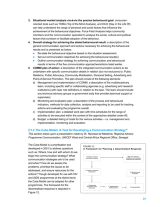 3. Situational market analysis vis-à-vis the precise behavioural goal: consumer-
   oriented tools such as TOMA (Top of the Mind Analysis), and DILO (Day in the Life Of)
   can help understand the range of personal and social factors that influence the
   achievement of the behavioural objectives. Force Field Analysis helps community
   members and the communication specialist to analyse the social, cultural and political
   factors that constrain or facilitate adoption of the behaviour.
4. Overall strategy for achieving the stated behavioural result: a description of the
   general communication approach and actions necessary for achieving the behavioural
   results and is presented as below:
   l Re-state the behavioural objective based on the situation assessment;
   l Set out communication objectives for achieving the behavioural result(s);
   l Outline communication strategy for achieving communication and behavioural
       results in terms of the five communication approaches/actions listed earlier.
5. COMBI plan of action: a description of the integrated communication actions to be
   undertaken with specific communication details in relation (but not exclusive) to: Public
   Relations, Public Advocacy, Community Mobilisation, Personal Selling, Advertising and
   Point-of-Service Promotion. The plan should consist of the following elements:
   a) Management and implementation of COMBI: a description of the multidisciplinary
       team, including specific staff or collaborating agencies (e.g. advertising and research
       institutions) with clear role definitions in relation to the task. The team should include
       any technical advisory groups or government body that provides technical support or
       supervision;
   b) Monitoring and evaluation plan: a description of the process and behavioural
       indicators, methods for data collection, analysis and reporting to be used for tracking
       actions and evaluating the programme overall;
   c) Implementation plan: a detailed work plan with time schedules for the range of
       activities to be executed within the context of the approaches detailed under #5;
   d) Budget: a detailed listing of costs for the various activities – i.e. management and
       implementation, monitoring and evaluation.

2.7.2 The Cube Model: A Tool for Developing a Communication Strategy39
This section draws upon a presentation made by Dr. Narcisse de Medeiros, Regional Advisor,
Programme Communication, UNICEF West and Central Africa Regional Office, Senegal.

The Cube Model is a prioritisation tool
                                                  FIGURE 12:
developed in 2001 to address questions            A Framework for Planning a Decentralised Response
such as: Where, how and with whom do we
begin the communication strategy? What               1. Situation response                           Map main indicators,
                                                     and situation analysis                       institutions and responses
communication strategies are to be used                                                            existing in the community


and when? How do we assess the
problems, prioritise the issues to be
addressed, and ensure resources for the             2. Creating a conducive
                                                          environment                                    6. Monitoring and
                                                                                                             Evaluation
actions? Though developed for use with HIV
and AIDS programmes at the district level,
the Cube Model can be adapted for other
programmes. The framework for the                        3. Participatory
                                                       formulation of the     4. Agreements for
                                                                                                         5. Implementation
                                                           district plan       implementation
decentralised response is depicted in
Figure 12.

                                                                                                                               37
 