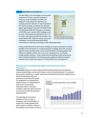 BOX 28: Stop AIDS, Love Life (Ghana)46

    The Stop AIDS, Love Life strategic communication
    programme in Ghana, using the concepts of
    advocacy, social mobilisation and BCC was
    designed to help achieve two objectives: (a)
    increase preventive behaviour to stop the spread of
    HIV, and (b) increase compassion and decrease
    stigma against people living with HIV/AIDS (PLHA).
    The first phase (2000-2001) focused on prevention
    of HIV/AIDS used a series of BCC strategies such
    as music, testimonials and advertisements on TV
    and radio, soap opera and other EE activities. The   A t-shirt and hat displayed in a clinic to promote the
                                                         Stop AIDS Love Life campaign in Ghana. (April 2003).
    second phase (2001-2002) focused on community        Source: 2003 Harvey Nelson, Courtesy of Photoshare.

    mobilisation, and the third phase (2002-2003)
    concentrated on advocacy by focusing on faith based organisation.

    Having implemented the communication strategy, the project proceeded to evaluate
    the effect of the intervention on increasing peoples’ knowledge about HIV, changing
    attitudes toward prevailing social norms toward HIV/AIDS, increasing peoples’ self
    efficacy to negotiate condom use or say no to unprotected sex, and thereby
    change peoples’ behaviour. These results were the pathways toward achieving the
    above mentioned objectives. The following section details the different evaluation
    methods used to assess the impact of the Stop AIDS Love Life programme.



Methods used to Evaluate Stop AIDS Love Life Communication
Programme
Time series analysis is a useful method of demonstrating change over time based on
routinely collected data, such as level of sales or volume of service delivered. The evaluator
tracks a given variable (e.g., condom sales) over an extended period of time, beginning long
before the intervention starts and
continuing over the life of the project.
The programme is considered to be                 FIGURE 20:
effective if there is a change after the          Increase in Condom Sales after Launch of Media
onset of the communication                        Campaign

intervention, either in the rate of
                                                                             Launch of m edia cam paign
increase in sales (the slope of the line)          8000000
                                                   7000000
or in the level of sales (the intercept).          6000000
(Refer figure 20).                                 5000000
                                                         4000000
                                                         3000000
The advantage of a time series                           2000000
                                                         1000000
evaluation is that it is easy to                               0
                                                                   Jan.-M arch 98




                                                                                                                                     Jan.-M arch 99




                                                                                                                                                                                                       Jan.-M arch 00




                                                                                                                                                                                                                                                                         Jan.-M arch 01




                                                                                                                                                                                                                                                                                                                                           Jan.-M arch 02
                                                                                    A pr.-June 98




                                                                                                                                                      A pr.-June 99




                                                                                                                                                                                                                        A pr.-June 00




                                                                                                                                                                                                                                                                                          A pr.-June 01




                                                                                                                                                                                                                                                                                                                                                            A pr.-June 02
                                                                                                                    O ct.-D ec. 98




                                                                                                                                                                                      O ct.-D ec. 99




                                                                                                                                                                                                                                                        O ct.-D ec. 00




                                                                                                                                                                                                                                                                                                                          O ct.-D ec. 01




                                                                                                                                                                                                                                                                                                                                                                                            O ct.-D ec. 02
                                                                                                    July-S ep. 98




                                                                                                                                                                      July-S ep. 99




                                                                                                                                                                                                                                        July-S ep. 00




                                                                                                                                                                                                                                                                                                          July-S ep. 01




                                                                                                                                                                                                                                                                                                                                                                            July-S ep. 02




understand, and the presentation is
intuitive and visually appealing with
policy makers or ministers. However,
the limitation is that it does not rule out


                                                                                                                                                                                                                                                                                                                                                                                                             53
 