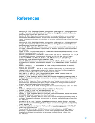 References

1
     Manoncourt, E. (2004, September) Strategic communication in the context of a shifting development
     paradigm. Presentation made at the Experts’ Consultation on Strategic Communication for Behaviour
     and Social Change in South Asia, New Delhi, India.
2
     Scandlen, G. (2004, September) Advocacy, social and community mobilisation as communication
     activities within the UNICEF framework of rights-based programming. Presentation made at the
     Experts’ Consultation on Strategic Communication for Behaviour and Social Change in South Asia, New
     Delhi, India.
3
     Manoncourt, E. (2004, September) Strategic communication in the context of a shifting development
     paradigm. Presentation made at the Experts’ Consultation on Strategic Communication for Behaviour
     and Social Change in South Asia, New Delhi, India.
4
     Scandlen, G. (2004, September) Advocacy, social and community mobilisation. Presentation made at
     the Experts’ Consultation on Strategic Communication for Behaviour and Social Change in South Asia,
     New Delhi, India.
5
     Singhal, A. (2003) Focusing on the forest, not just the tree: Cultural strategies for combating AIDS. In:
     MICA Communications Review, 1 (1):21-28.
6
     McKee, N. (2000) Motivation to act: Effective communication. In N. McKee, E. Manoncourt, S. Y. Chin, &
     R. Carnegie (Eds.). Involving People, Evolving Behaviour, pp. 108-109. New York and Penang:
     Southbound, UNICEF; and: McKee, N., Bertrand, J. T., & Becker-Benton, A. (2004) Strategic
     communication in the HIV/AIDS epidemic. New Delhi: Sage.
7
     Mckee, N. (2000) Motivation to act: Effective communication. In N. McKee, E. Manoncourt, S. Y. Chin, &
     R. Carnegie (Eds.). Involving People, Evolving Behaviour, p. 107. New York and Penang: Southbound,
     UNICEF.
8
     McKee, N., Bertrand, J. T., & Becker-Benton, A. (2004) Strategic communication in the HIV/AIDS
     epidemic. New Delhi: Sage.
9
     Figueroa, M. E., Kincaid, D. L., Rani, M., & Lewis, G. (2002) Communication for social change: An
     integrated model for measuring the process and its outcomes. New York: The Communication for
     Social Change Working Paper Series No. 1, The Rockefeller Foundation.
10
     Gray-Felder, D., & Deane, J. (1999) Communication for social change: A position paper and
     conference report. New York: The Rockefeller Foundation.
11
     Scandlen, G. (2004, September) Advocacy, social and community mobilisation. Presentation made at
     the Experts’ Consultation on Strategic Communication for Behaviour and Social Change in South Asia,
     New Delhi, India.
12
     Singhal, A. (2004, September) Current thinking on the role of strategic communication in behaviour
     and social change. Presentation made at the Experts’ Consultation on Strategic Communication for
     Behaviour and Social Change in South Asia, New Delhi, India.
13
     Singhal, A., & Rogers, E. M. (2003) Combating AIDS: Communication strategies in action. New Delhi:
     Sage.
14
     Bandura, A. (1977) Social learning theory. Englewood Cliffs, NJ: Prentice-Hall
15
     Retrieved October 10, 2004 from www.positivedeviance.org
16
     Rogers, E. M. (2003) Diffusion of innovations. New York: Free Press.
17
     Scandlen, G. (2004, September) Advocacy, social and community mobilisation. Adapted from Rogers,
     E. M. (2003). Diffusion of innovations. New York: Free Press.
18
     Scandlen, G. (2004, September) Advocacy, social and community mobilisation. Presentation made at
     the Experts’ Consultation on Strategic Communication for Behaviour and Social Change in South Asia,
     New Delhi, India.
19
     Burkhalter, B., et al. (1998) PROFILES: A Data-Based Approach to Nutrition Advocacy and Policy
     Development. Published for USAID by the Basic Support for Institutionalising Child Survival (BASICS)
     Project. Arlington, VA.
20
     Workplace Policy Builder developed by The Futures Group www.futuresgroup.com and the POLICY
     Project www.policyproject.com
21
     Wenquing, X., & Vanormelingen, K. (2004, September) Breaking the silence: UNICEF support in
     developing a policy for children orphaned by AIDS in China. Presentation made at the Experts’
     Consultation on Strategic Communication for Behavioural and Social Change in South Asia,
     New Delhi, India.


                                                                                                                 67
 