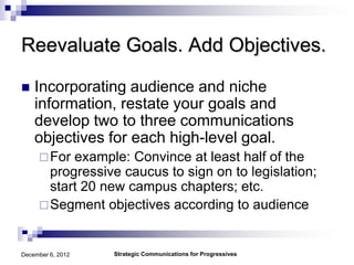 Reevaluate Goals. Add Objectives.

   Incorporating audience and niche
    information, restate your goals and
    develop two to three communications
    objectives for each high-level goal.
      For example: Convince at least half of the
       progressive caucus to sign on to legislation;
       start 20 new campus chapters; etc.
      Segment objectives according to audience



December 6, 2012   Strategic Communications for Progressives
 