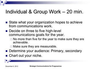 Individual & Group Work – 20 min.
   State what your organization hopes to achieve
    from communications work.
   Decide on three to five high-level
    communications goals for the year.
      No more than five for the year to make sure they are
       achievable.
      Make sure they are measurable.
   Determine your audience: Primary, secondary
   Chart out your niche.

December 6, 2012   Strategic Communications for Progressives
 