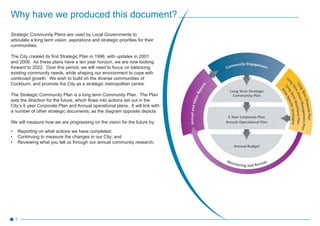 Why have we produced this document?
Strategic Community Plans are used by Local Governments to
articulate a long term vision, aspirations and strategic priorities for their
communities.
The City created its first Strategic Plan in 1996, with updates in 2001
and 2006. As these plans have a ten year horizon, we are now looking
forward to 2022. Over this period, we will need to focus on balancing
existing community needs, while shaping our environment to cope with
continued growth. We wish to build on the diverse communities of
Cockburn, and promote the City as a strategic metropolitan centre.
The Strategic Community Plan is a long term Community Plan. The Plan
sets the direction for the future, which flows into actions set out in the
City’s 5 year Corporate Plan and Annual operational plans. It will link with
a number of other strategic documents, as the diagram opposite depicts.
We will measure how we are progressing on the vision for the future by:
•	 Reporting on what actions we have completed;
•	 Continuing to measure the changes in our City; and
•	 Reviewing what you tell us through our annual community research.
3
 