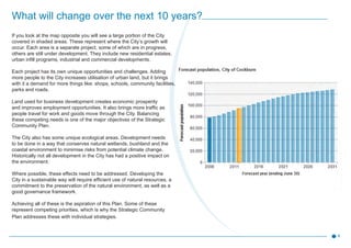 If you look at the map opposite you will see a large portion of the City
covered in shaded areas. These represent where the City’s growth will
occur. Each area is a separate project, some of which are in progress,
others are still under development. They include new residential estates,
urban infill programs, industrial and commercial developments.
Each project has its own unique opportunities and challenges. Adding
more people to the City increases utilisation of urban land, but it brings
with it a demand for more things like: shops, schools, community facilities,
parks and roads.
Land used for business development creates economic prosperity
and improves employment opportunities. It also brings more traffic as
people travel for work and goods move through the City. Balancing
these competing needs is one of the major objectives of the Strategic
Community Plan.
The City also has some unique ecological areas. Development needs
to be done in a way that conserves natural wetlands, bushland and the
coastal environment to minimise risks from potential climate change.
Historically not all development in the City has had a positive impact on
the environment.
Where possible, these effects need to be addressed. Developing the
City in a sustainable way will require efficient use of natural resources, a
commitment to the preservation of the natural environment, as well as a
good governance framework.
Achieving all of these is the aspiration of this Plan. Some of these
represent competing priorities, which is why the Strategic Community
Plan addresses these with individual strategies.
8
What will change over the next 10 years?
 