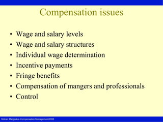 Mohan Madgulkar-Compensation Management/2006
Compensation issues
• Wage and salary levels
• Wage and salary structures
• Individual wage determination
• Incentive payments
• Fringe benefits
• Compensation of mangers and professionals
• Control
 