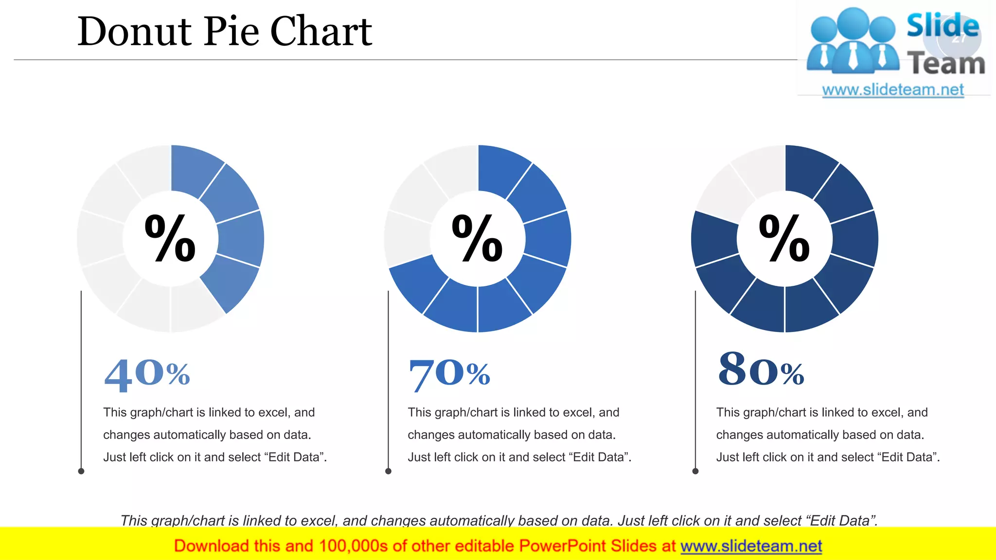 Donut Pie Chart
%
40%
This graph/chart is linked to excel, and
changes automatically based on data.
Just left click on it and select “Edit Data”.
%
70%
This graph/chart is linked to excel, and
changes automatically based on data.
Just left click on it and select “Edit Data”.
%
80%
This graph/chart is linked to excel, and
changes automatically based on data.
Just left click on it and select “Edit Data”.
This graph/chart is linked to excel, and changes automatically based on data. Just left click on it and select “Edit Data”.
27
 