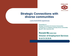 Strategic Connections with diverse communities- some SUCCESS experiences Presentation at Strategic Connections for Inclusive Communities A Symposium on engaging culturally diverse communities May 26th, 2010, Vancouver, BC Ronald Ma MSW RSW Director of Employment Services S.U.C.C.E.S.S. 
