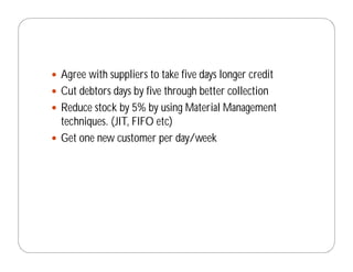 Agree with suppliers to take five days longer credit
Cut debtors days by five through better collection
Reduce stock by 5% by using Material Management
techniques. (JIT, FIFO etc)
Get one new customer per day/week
 