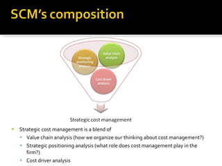 Strategic cost management is a blend of  Value chain analysis (how we organize our thinking about cost management?) Strategic positioning analysis (what role does cost management play in the firm?) Cost driver analysis  