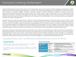 Forward-looking statements relate to future events or the anticipated performance of the Company and reflect management’s expectations or beliefs
regarding such future events and anticipated performance. In certain cases, forward-looking statements can be identified by the use of words such as
“plans”, “expects”, “is expected”, “budget”, “scheduled”, “estimates”, “forecasts”, “intends”, “anticipates” or “believes”, or variations of such words
and phrases or statements that certain actions, events or results “may”, “could”, “would”, “might” or “will be taken”, “occur” or “be achieved”, or the
negative of these words or comparable terminology. By their very nature forward-looking statements involve known and unknown risks, uncertainties
and other factors which may cause the actual performance of the Company to be materially different from any anticipated performance expressed or
implied by the forward-looking statements.
Important factors that could cause actual results to differ from these forward-looking statements include risks related to failure to define mineral
resources, converting estimated mineral resources to reserves, the grade and recovery of ore which is mined varying from estimates, future prices of
vanadium and other commodities, capital and operating costs varying significantly from estimates, political risks arising from operating in Finland and
Peru, uncertainties relating to the availability and costs and availability of financing needed in the future, changes in equity markets, inflation, changes
in exchange rates, fluctuations in commodity prices, delays in the development of projects, conclusions of economic evaluations, changes in project
parameters as plans continue to be refined, uninsured risks and other risks involved in the mineral exploration and development industry.
Although the Company has attempted to identify important factors that could cause actual performance to differ materially from that described in
forward-looking statements, there may be other factors that cause its performance not to be as anticipated. There can be no assurance that forward-
looking statements will prove to be accurate, as actual results and future events could differ materially from those anticipated in such statements.
Accordingly, readers should not place undue reliance on forward-looking statements. These forward-looking statements are made as of the date of this
presentation and the Company does not intend, and does not assume any obligation, to update these forward-looking statements.
Forward Looking Statement
2
TSX.V: S R
Ville-Matti Seppä, EurGeol. with the European Federation of Geologists, is
the QP responsible for the Mustavaara mineral resource.
Leo Hathaway, P.Geo., and Vice-President Exploration for Strategic
Resources, is a QP and has verified the data and information disclosed in this
presentation.
†Qualified Persons (“QP”) as defined by National Instrument 43-101 (NI 43-101)
Strategic Properties Blackrock Properties
Claude Bisaillon P Geo. SGS Geostat Geology and Mineral Resource Estimation
Isabelle Leblanc,
P.Eng.
BBA Inc.
Mineral reserve estimation, mine planning,
mining infrastructure
Andre Allaire, P.Eng. BBA Inc
Processing, Surface infrastructure, estimate
integration, financial model, overall NI 43-101
integration
Nathalie Fortin, P.Eng. WSP Environmental
Nicolas Skiadas, P.Eng.
Journeaux
Associates
Tailings and Water management
 