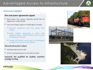 Port and power agreements signed
▪ Deep water, four season, federally owned Port of
Saguenay is underutilized
▪ Low-cost e...