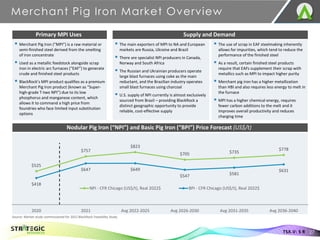 Merchant Pig Iron Market Overview
27
TSX.V: S R
Source: Market study commissioned for 2022 BlackRock Feasibility Study.
$525
$757
$823
$705 $735
$778
$418
$647 $649
$547 $581
$631
2020 2021 Avg 2022-2025 Avg 2026-2030 Avg 2031-2035 Avg 2036-2040
NPI - CFR Chicago (US$/t), Real 2022$ BPI - CFR Chicago (US$/t), Real 2022$
Supply and Demand
Nodular Pig Iron (“NPI”) and Basic Pig Iron (“BPI”) Price Forecast (US$/t)
▪ Merchant Pig Iron (“MPI”) is a raw material or
semi-finished steel derived from the smelting
of iron concentrate
▪ Used as a metallic feedstock alongside scrap
iron in electric arc furnaces (“EAF”) to generate
crude and finished steel products
▪ BlackRock’s MPI product qualifies as a premium
Merchant Pig Iron product (known as “Super-
high-grade T-two NPI”) due to its low
phosphorus and manganese content, which
allows it to command a high price from
foundries who face limited input substitution
options
Primary MPI Uses
▪ The main exporters of MPI to NA and European
markets are Russia, Ukraine and Brazil
▪ There are specialist NPI producers in Canada,
Norway and South Africa
▪ The Russian and Ukrainian producers operate
large blast furnaces using coke as the main
reductant, and the Brazilian industry operates
small blast furnaces using charcoal
▪ U.S. supply of NPI currently is almost exclusively
sourced from Brazil – providing BlackRock a
distinct geographic opportunity to provide
reliable, cost-effective supply
▪ The use of scrap in EAF steelmaking inherently
allows for impurities, which tend to reduce the
performance of the finished steel
▪ As a result, certain finished steel products
require that EAFs supplement their scrap with
metallics such as MPI to impact higher purity
▪ Merchant pig iron has a higher metallization
than HBI and also requires less energy to melt in
the furnace
▪ MPI has a higher chemical energy, requires
fewer carbon additions to the melt and it
improves overall productivity and reduces
charging time
 