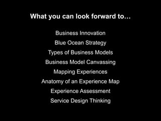 What you can look forward to…
Business Innovation
Blue Ocean Strategy
Types of Business Models
Business Model Canvassing
Mapping Experiences
Anatomy of an Experience Map
Experience Assessment
Service Design Thinking
 