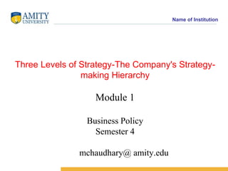 Name of Institution
Three Levels of Strategy-The Company's Strategy-
making Hierarchy
Module 1
Business Policy
Semester 4
mchaudhary@ amity.edu
 