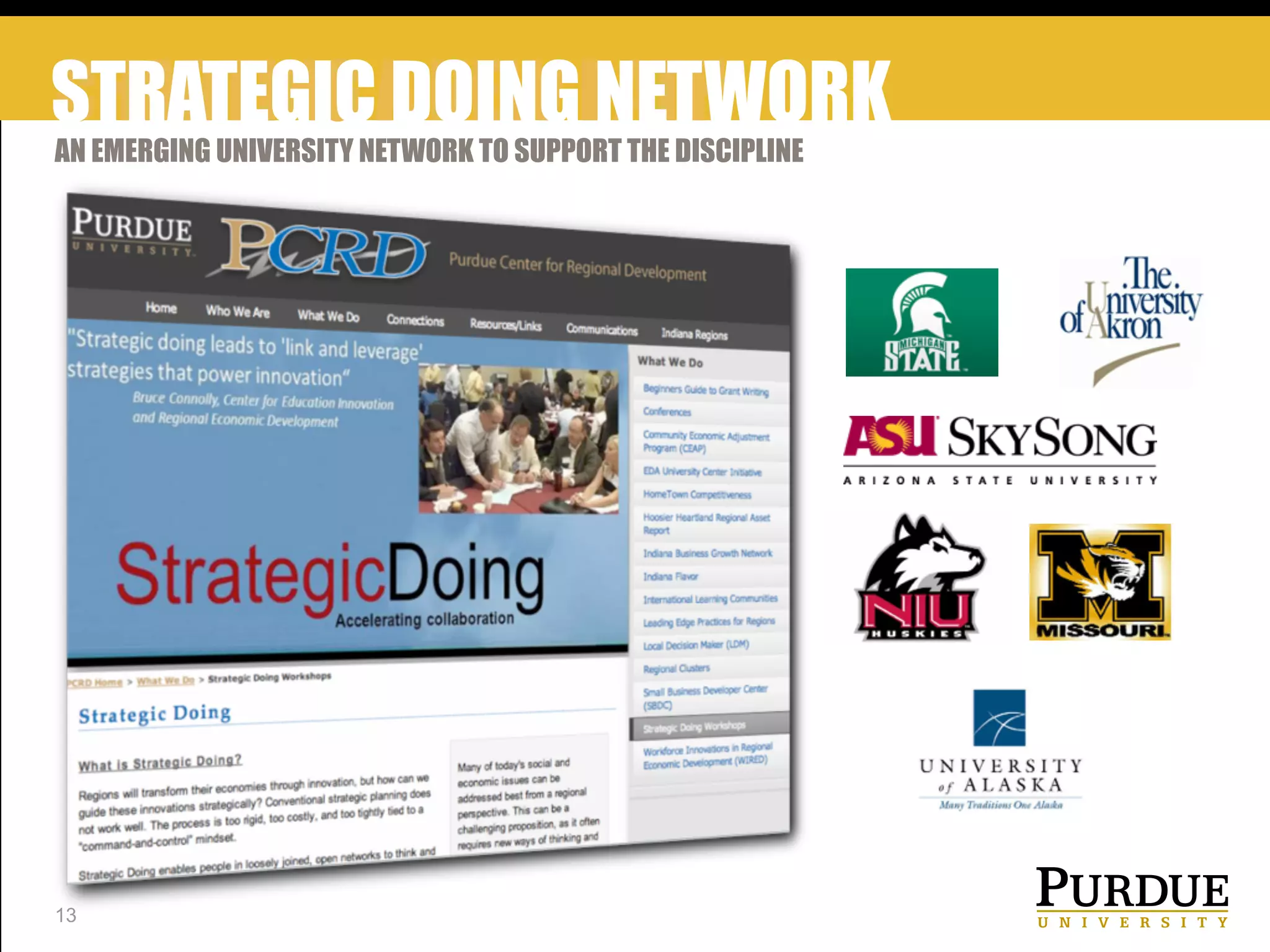 CHARTING A NEW PATH
AN EMERGING UNIVERSITY NETWORK TO SUPPORT THE DISCIPLINE
13
STRATEGIC DOING NETWORK