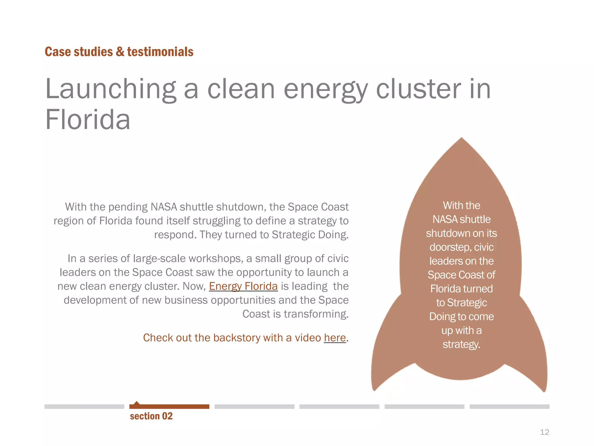 12
Launching a clean energy cluster in
Florida
Case studies & testimonials
section 02
With the pending NASA shuttle shutdown, the Space Coast
region of Florida found itself struggling to define a strategy to
respond. They turned to Strategic Doing.
In a series of large-scale workshops, a small group of civic
leaders on the Space Coast saw the opportunity to launch a
new clean energy cluster. Now, Energy Florida is leading the
development of new business opportunities and the Space
Coast is transforming.
Check out the backstory with a video here.
With the
NASA shuttle
shutdownon its
doorstep, civic
leaders on the
Space Coast of
Florida turned
to Strategic
Doing to come
up with a
strategy.
 