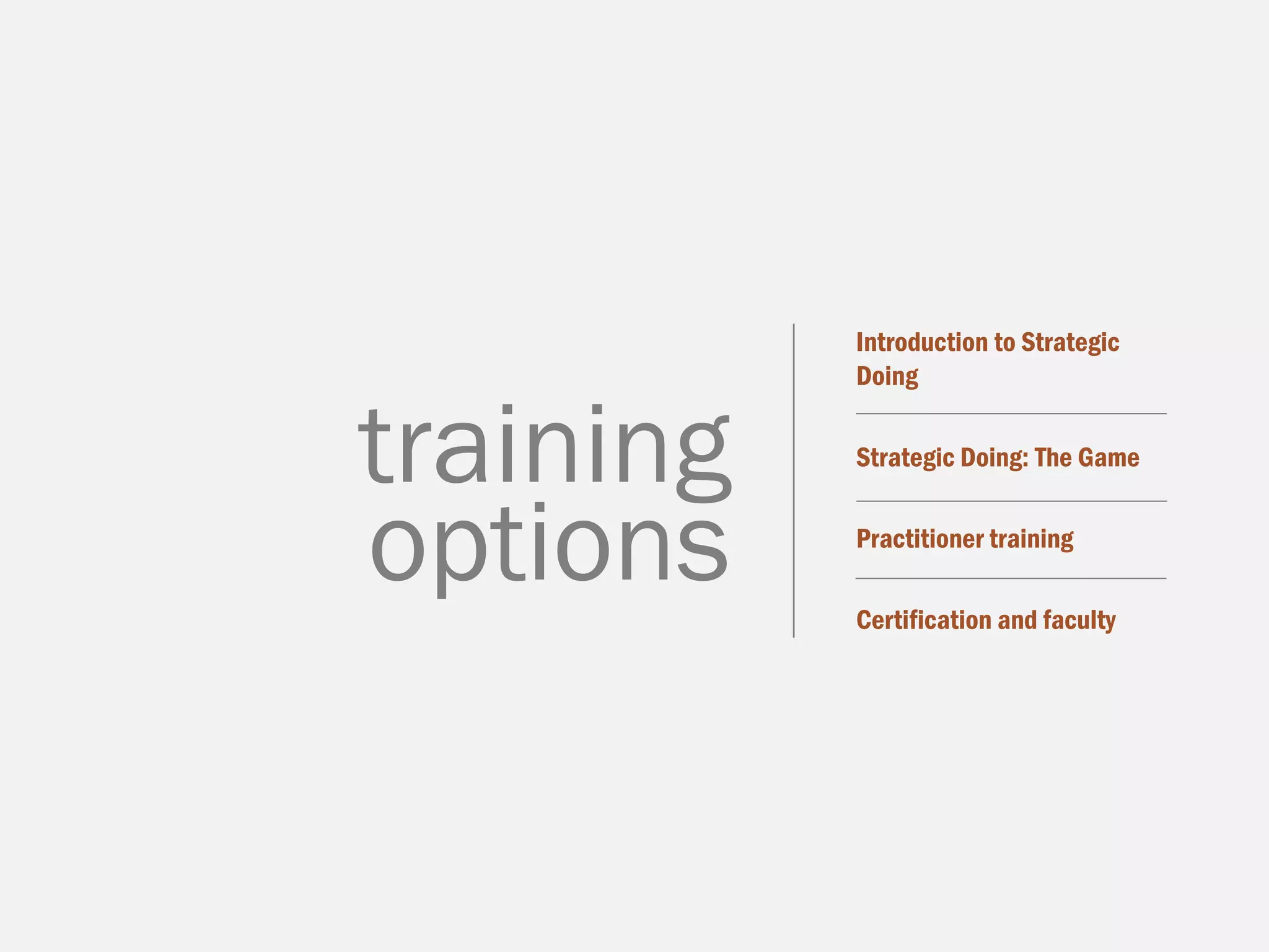 Introduction to Strategic
Doing
Strategic Doing: The Game
Practitioner training
Certification and faculty
training
options
 