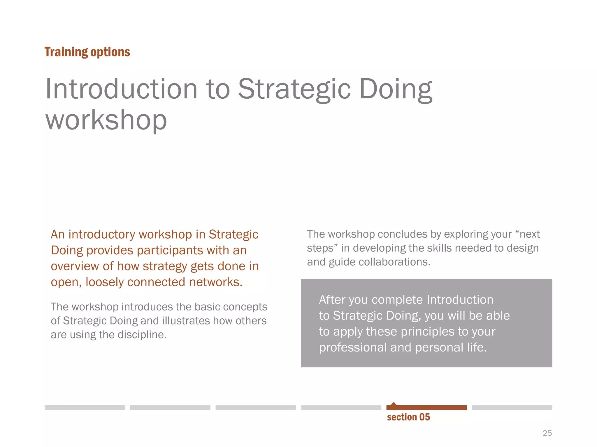 25
Introduction to Strategic Doing
workshop
Training options
section 05
An introductory workshop in Strategic
Doing provides participants with an
overview of how strategy gets done in
open, loosely connected networks.
The workshop introduces the basic concepts
of Strategic Doing and illustrates how others
are using the discipline.
After you complete Introduction
to Strategic Doing, you will be able
to apply these principles to your
professional and personal life.
The workshop concludes by exploring your “next
steps” in developing the skills needed to design
and guide collaborations.
 