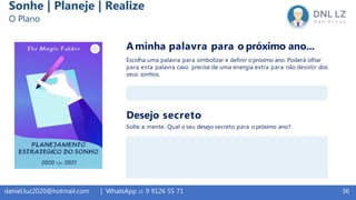 36daniel.luz2020@hotmail.com | WhatsApp 15 9 9126 55 71
Sonhe | Planeje | Realize
O Plano
Aminha palavra para o próximo ano...
Escolha uma palavra para simbolizar e definir o próximo ano. Poderá olhar
para esta palavra caso precise de uma energia extra para não desistir dos
seus sonhos.
Desejo secreto
Solte a mente. Qual o seu desejo secreto para o próximo ano?
 