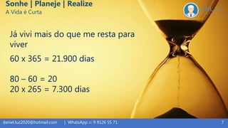 7daniel.luz2020@hotmail.com | WhatsApp 15 9 9126 55 71
Sonhe | Planeje | Realize
A Vida é Curta
80 – 60 = 20
20 x 265 = 7.300 dias
Já vivi mais do que me resta para
viver
60 x 365 = 21.900 dias
 