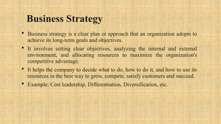 Business Strategy
 Business strategy is a clear plan or approach that an organization adopts to
achieve its long-term goals and objectives.
 It involves setting clear objectives, analyzing the internal and external
environment, and allocating resources to maximize the organization's
competitive advantage.
 It helps the company to decide what to do, how to do it, and how to use its
resources in the best way to grow, compete, satisfy customers and succeed.
 Example: Cost leadership, Differentiation, Diversification, etc.
 