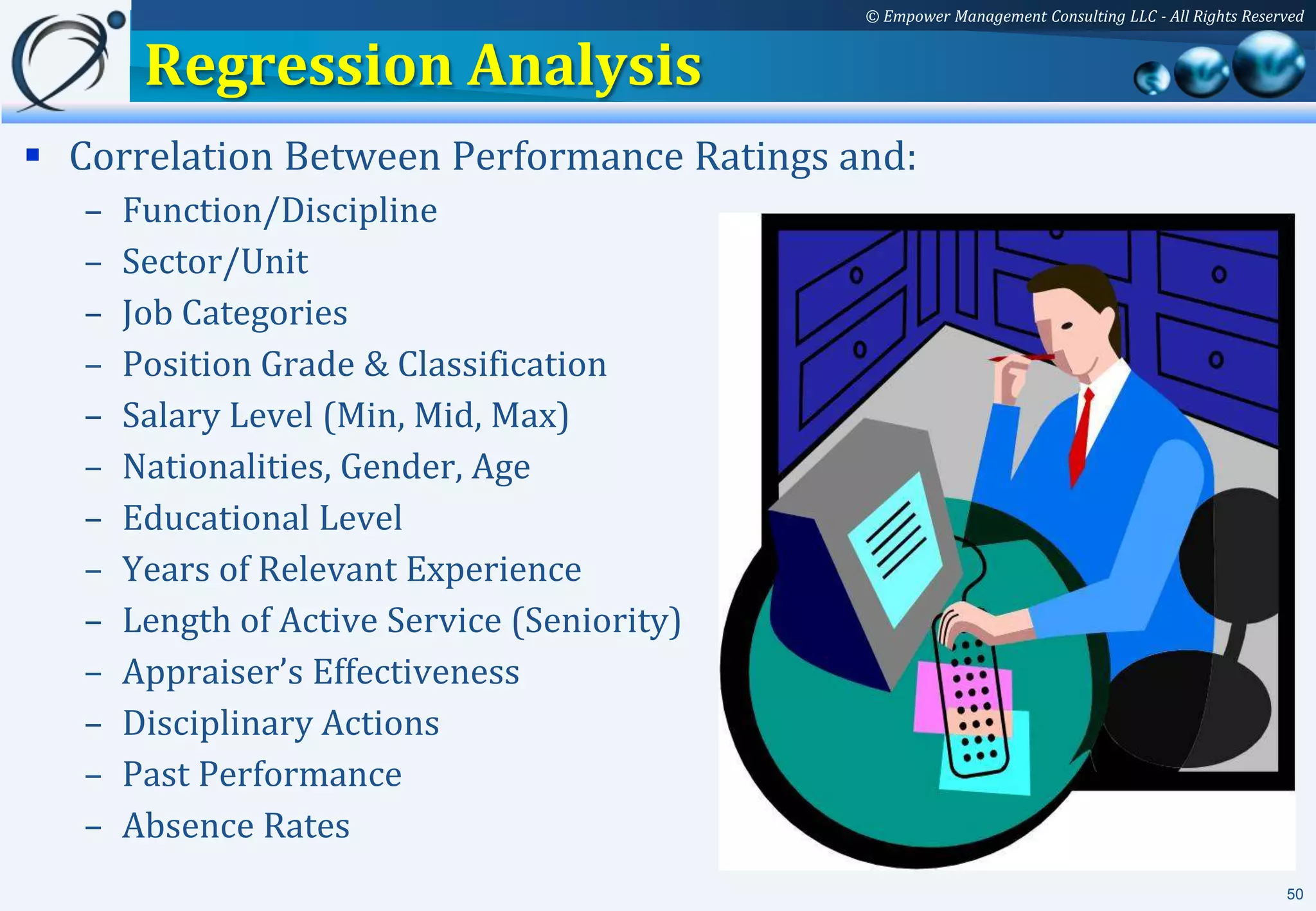 © Empower Management Consulting LLC - All Rights Reserved


        Regression Analysis
 Correlation Between Performance Ratings and:
   –   Function/Discipline
   –   Sector/Unit
   –   Job Categories
   –   Position Grade & Classification
   –   Salary Level (Min, Mid, Max)
   –   Nationalities, Gender, Age
   –   Educational Level
   –   Years of Relevant Experience
   –   Length of Active Service (Seniority)
   –   Appraiser’s Effectiveness
   –   Disciplinary Actions
   –   Past Performance
   –   Absence Rates
                                                                                                    50
 