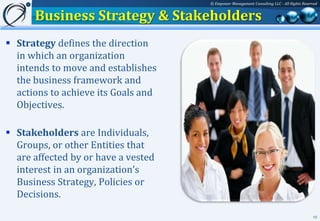 © Empower Management Consulting LLC - All Rights Reserved


      Business Strategy & Stakeholders
 Strategy defines the direction
  in which an organization
  intends to move and establishes
  the business framework and
  actions to achieve its Goals and
  Objectives.

 Stakeholders are Individuals,
  Groups, or other Entities that
  are affected by or have a vested
  interest in an organization’s
  Business Strategy, Policies or
  Decisions.

                                                                                           10
 
