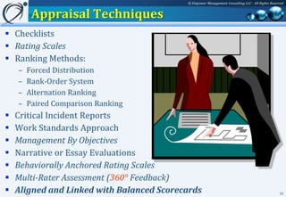© Empower Management Consulting LLC - All Rights Reserved


         Appraisal Techniques
 Checklists
 Rating Scales
 Ranking Methods:
    –   Forced Distribution
    –   Rank-Order System
    –   Alternation Ranking
    –   Paired Comparison Ranking
   Critical Incident Reports
   Work Standards Approach
   Management By Objectives
   Narrative or Essay Evaluations
   Behaviorally Anchored Rating Scales
   Multi-Rater Assessment (360° Feedback)
   Aligned and Linked with Balanced Scorecards                                                  33
 